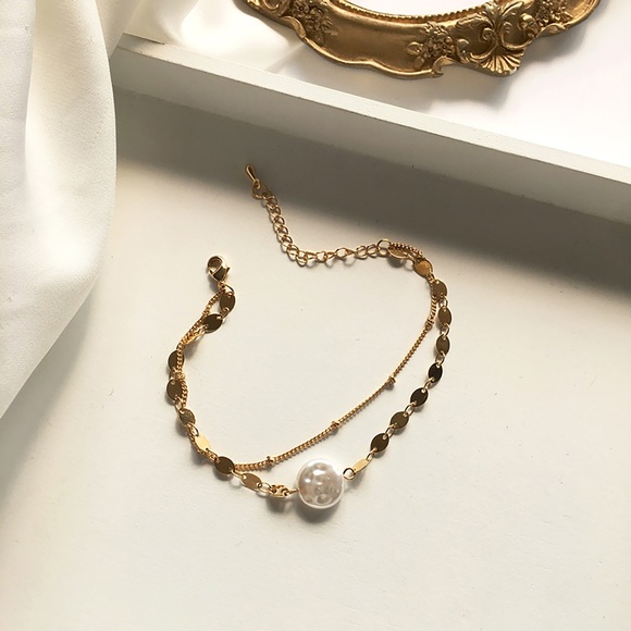Simple Creative Double chain pearl bracelet, Gold Chain Minimalist-Dainty - Picture 2 of 7